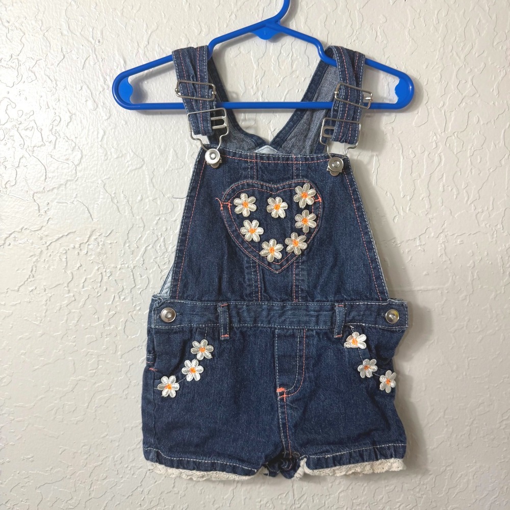 Girls Dark Wash Denim Daisy Embroidered Overall Shorts with Lace Trim Retro